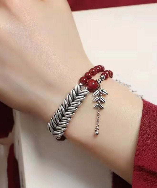 Feines rotes Sterlingsilber-Armband mit Quaste und Weizenähre