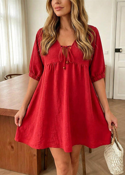 Fine Red V Neck Tie Lace Wrinkled Mid Dresses Half Sleeve