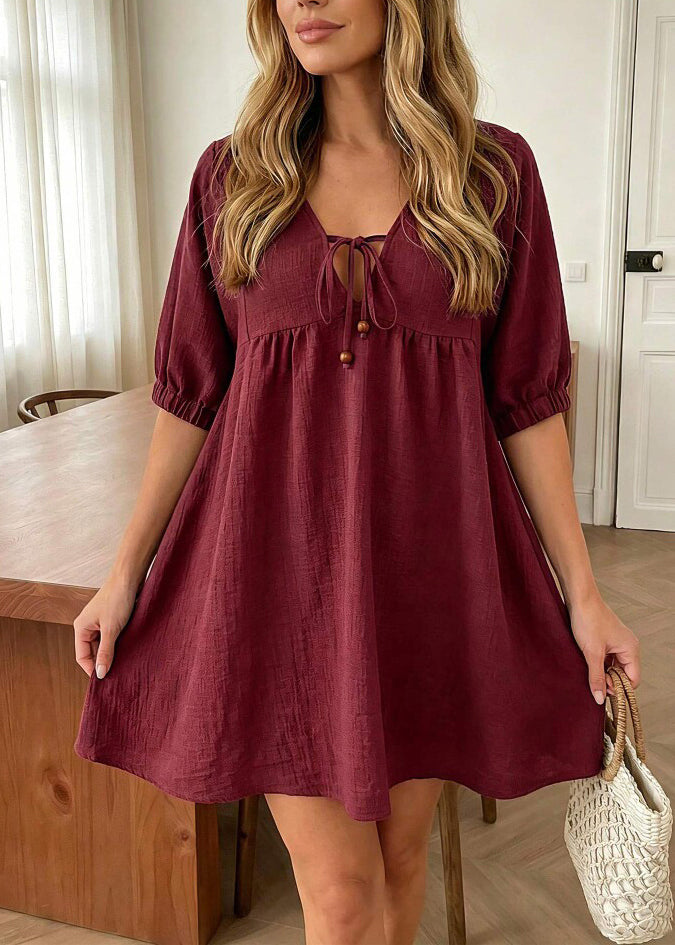Fine Red V Neck Tie Lace Wrinkled Mid Dresses Half Sleeve