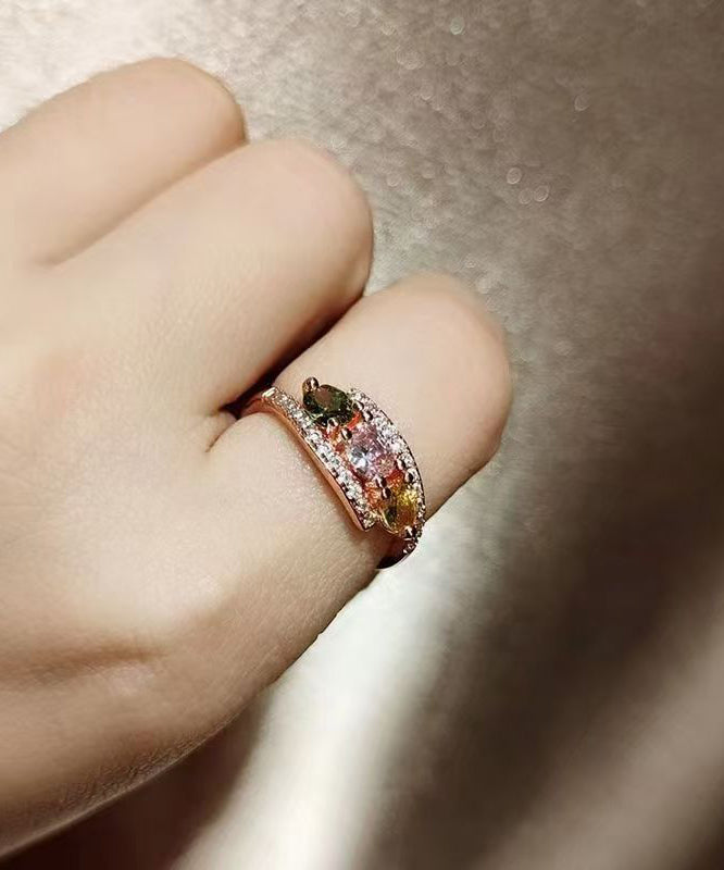 Fine Rose Gold Sterling Silver Overgild Zircon Gem Stone Open Rings