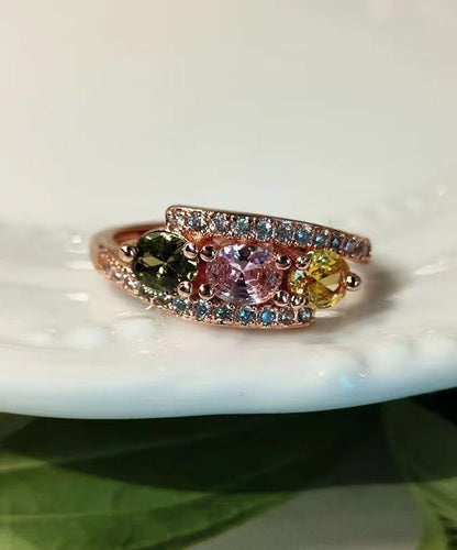 Fine Rose Gold Sterling Silver Overgild Zircon Gem Stone Open Rings