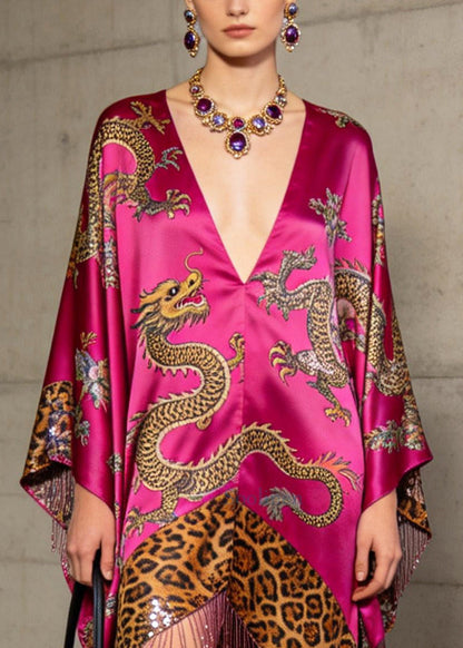Fine Rose Tasseled Print Silk Dress Batwing Sleeve