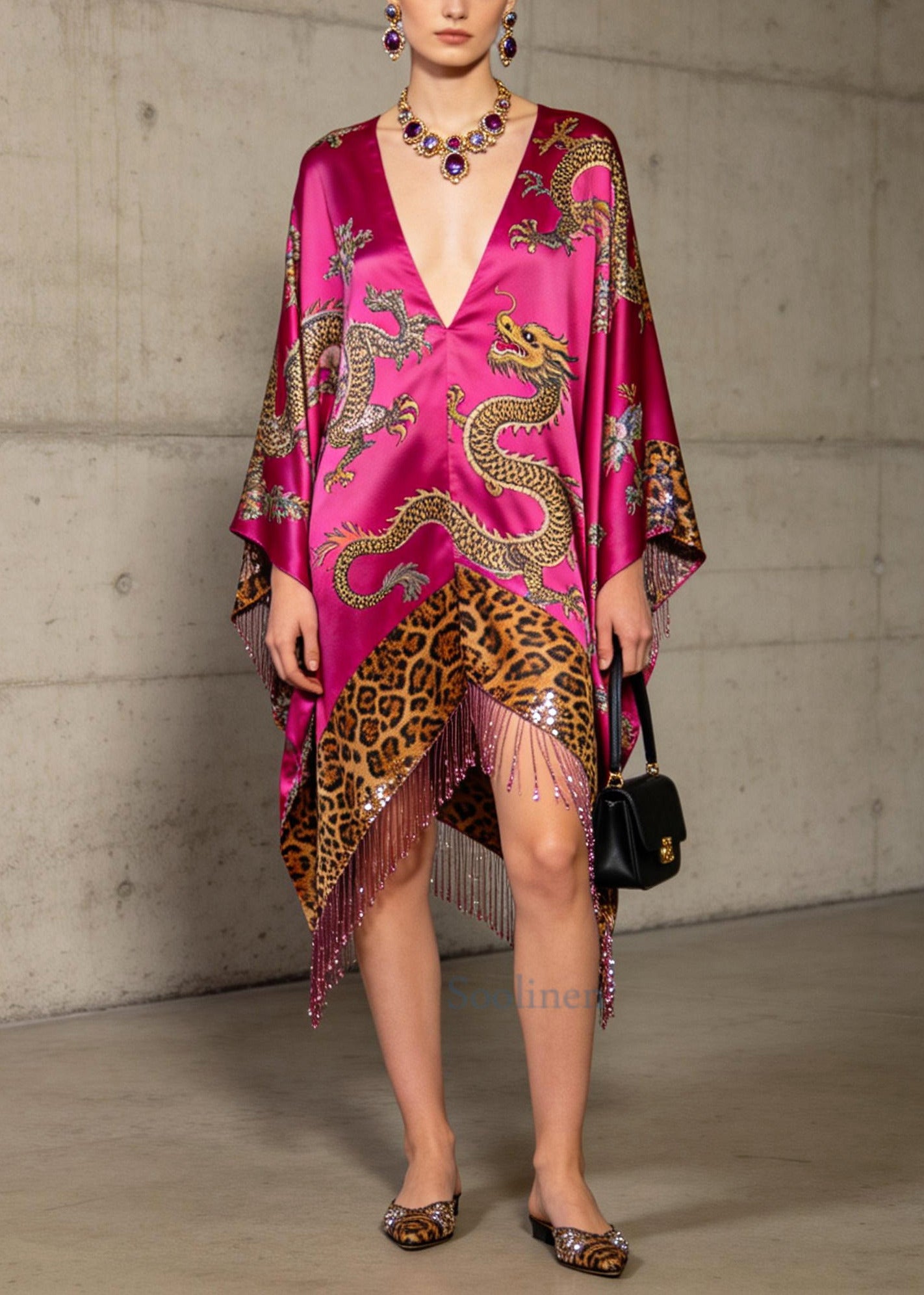 Fine Rose Tasseled Print Silk Dress Batwing Sleeve