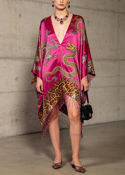 Fine Rose Tasseled Print Silk Dress Batwing Sleeve