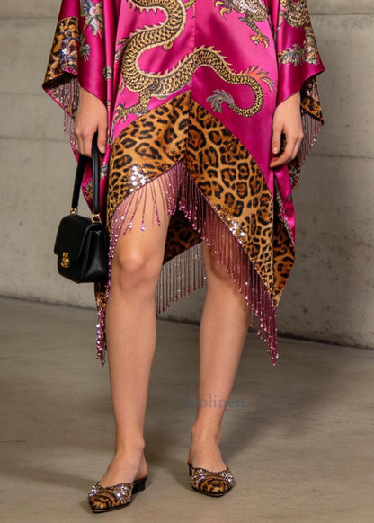 Fine Rose Tasseled Print Silk Dress Batwing Sleeve