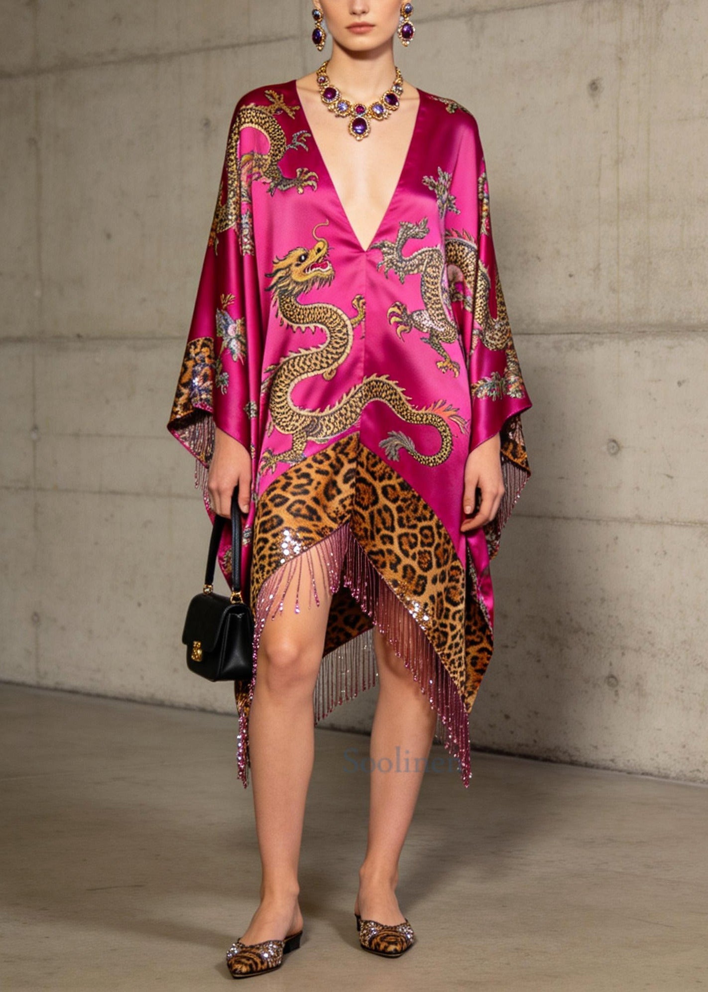 Fine Rose Tasseled Print Silk Dress Batwing Sleeve