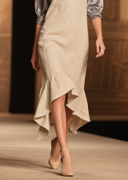 Fine Ruffled Asymmetrical Design Patchwork Linen Silk Dress Summer