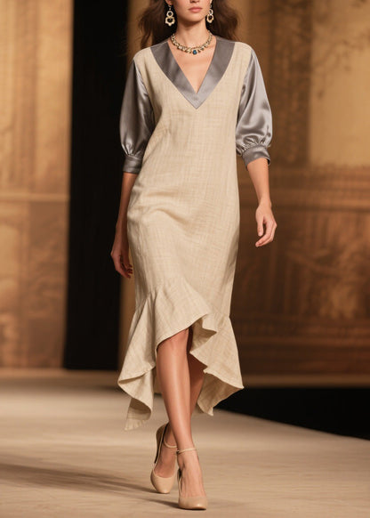 Fine Ruffled Asymmetrical Design Patchwork Linen Silk Dress Summer