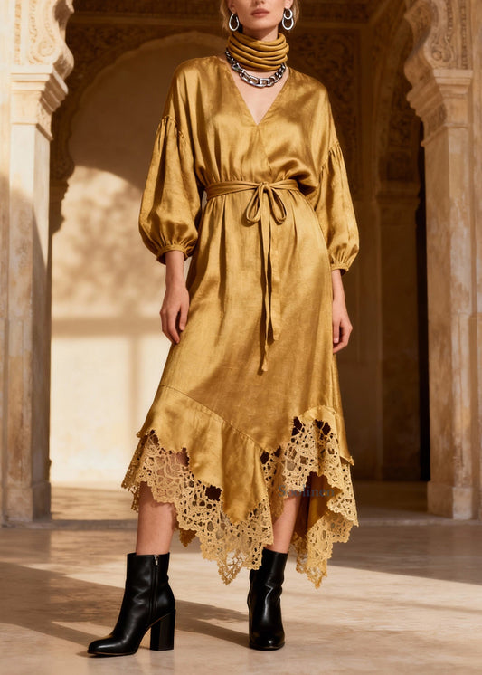 Fine V Neck Asymmetrical Lace Patchwork Silk Dresses Spring