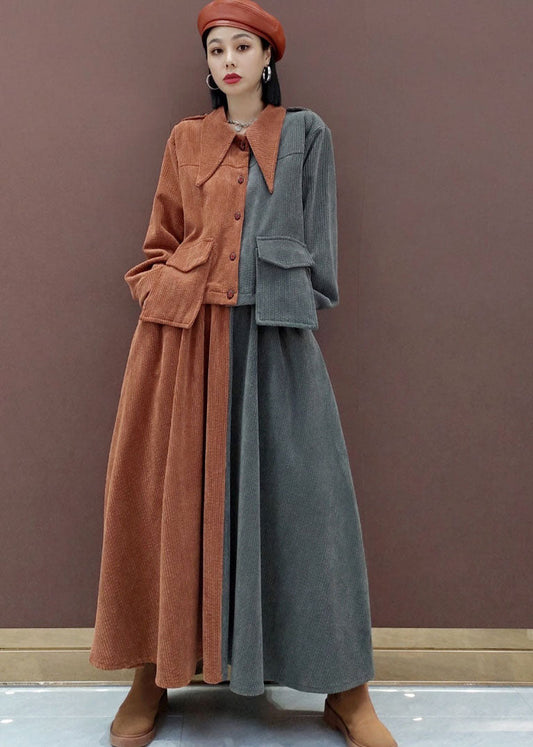 Feiner V-Ausschnitt Patchwork Cord Langarm Tops Tellerröcke Zweiteiliges Set Outfits