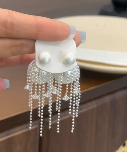 Pendientes colgantes con borlas de perlas y circonitas de aleación blanca fina