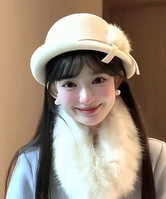 Fine White Bow Fuzzy Ball Woolen Bucket Hat