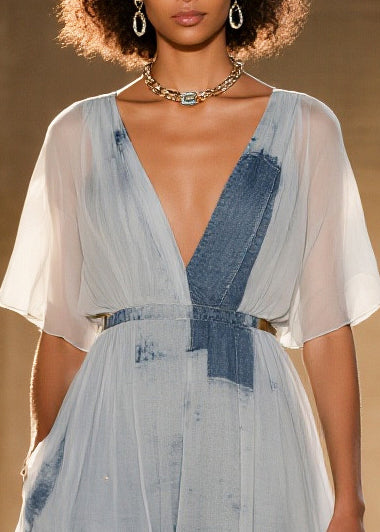 Fine White Cinched Print Tulle Mid Dress Summer