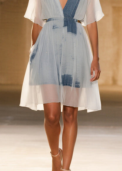 Fine White Cinched Print Tulle Mid Dress Summer