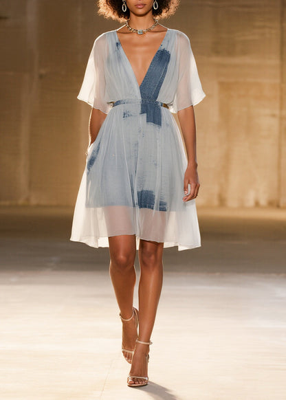 Fine White Cinched Print Tulle Mid Dress Summer