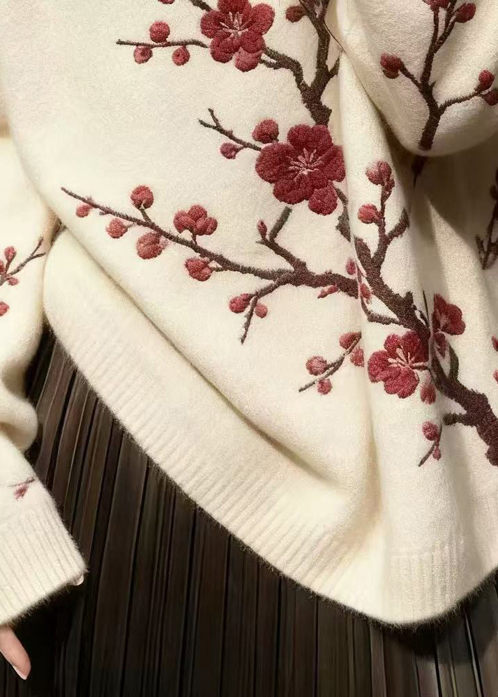Suéter corto de punto con bordado de flor de ciruelo en blanco fino para invierno