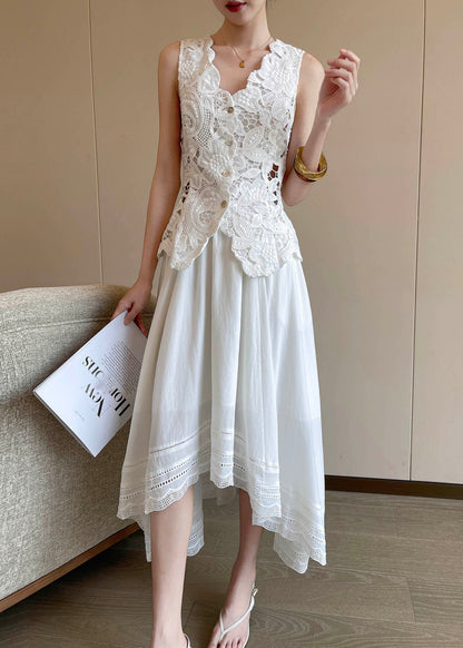 Feine weiße bestickte Strandweste mit Lochspitze für den Sommer