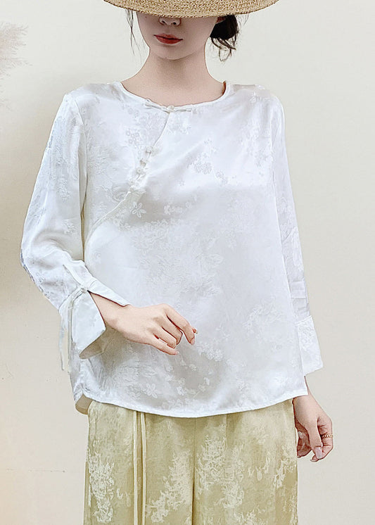 Fine White Jacquard Chinese Button Silk Shirt Top Spring