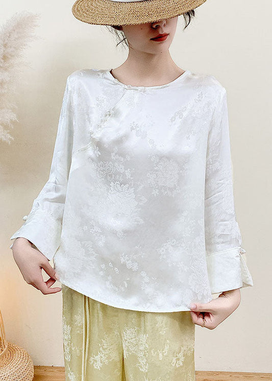 Fine White Jacquard Chinese Button Silk Shirt Top Spring