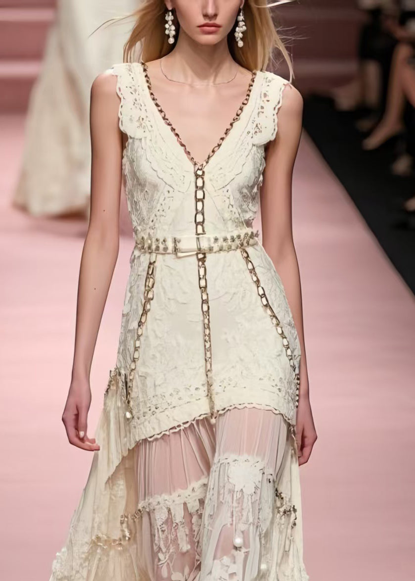 Fine White Jacquard Patchwork Cotton Vestidos Dresses Sleeveless