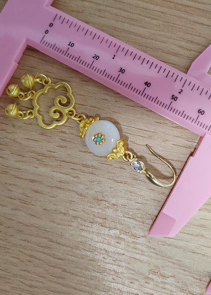 Feine weiße Jade Glückswolken Kleine Glocke 14K Gold Tropfen Ohrringe
