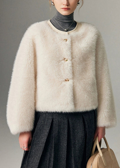 Abrigo de piel y cuero macizo con botones, diseño original en blanco fino