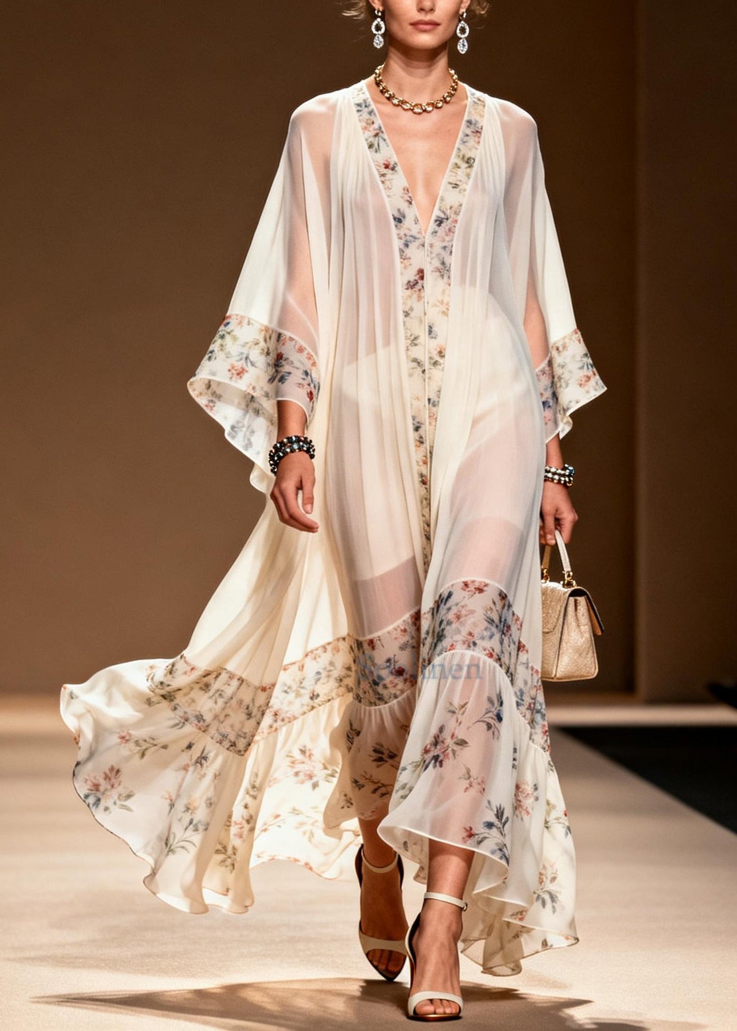 Fine White Oversized Patchwork Print Chiffon Party Dress Summer