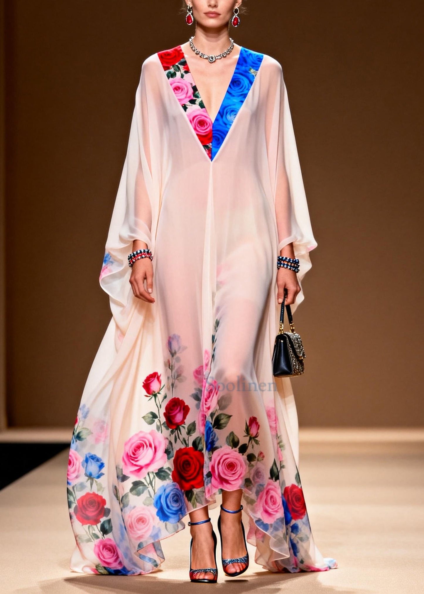 Fine White Oversized Print Chiffon Evening Dress Summer