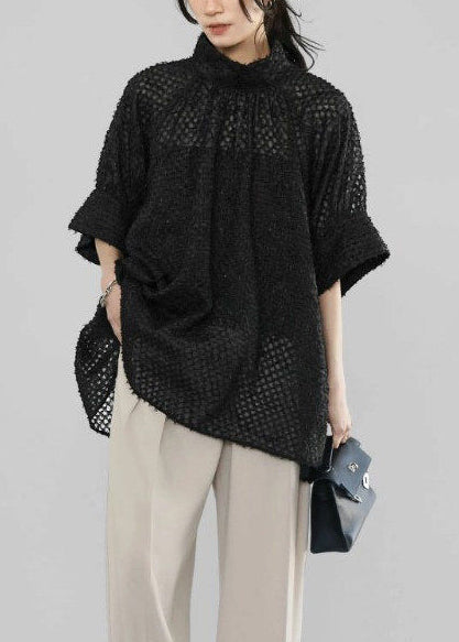 Fine White Oversized Stand Collar Cut Out Shirt Tops Summer