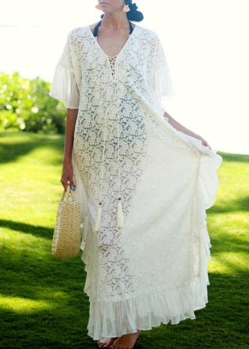 Fine White Patchwork Chiffon kimono Robe Lace Dress - SooLinen