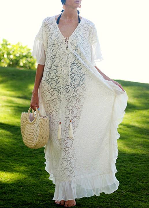 Fine White Patchwork Chiffon kimono Robe Lace Dress - SooLinen