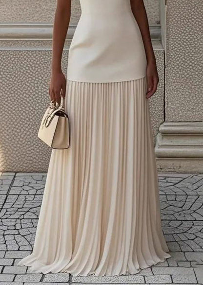 Fine White Patchwork Pleated Chiffon Maxi Dresses Sleeveless