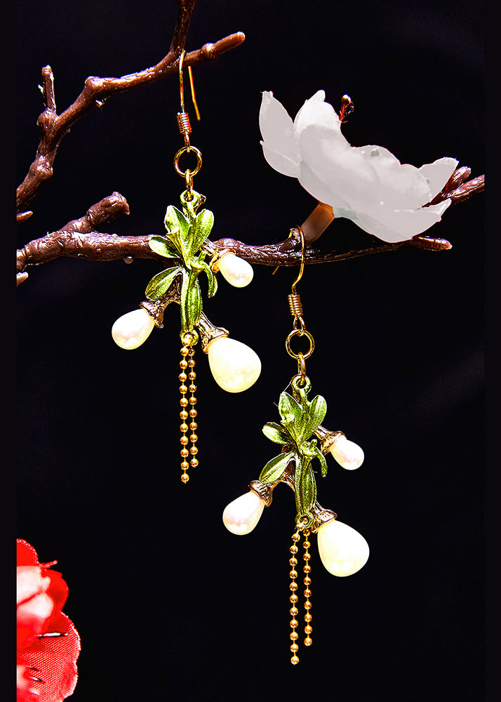 Feine weiße Perlen 14K Gold Zweig Quasten Tropfen Ohrringe