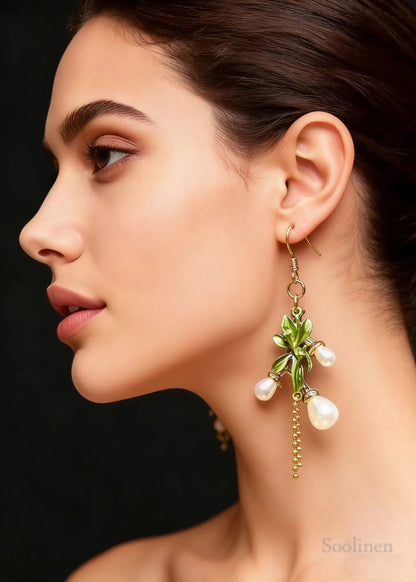 Fine White Pearl Branch Design Tassels Drop Earrings