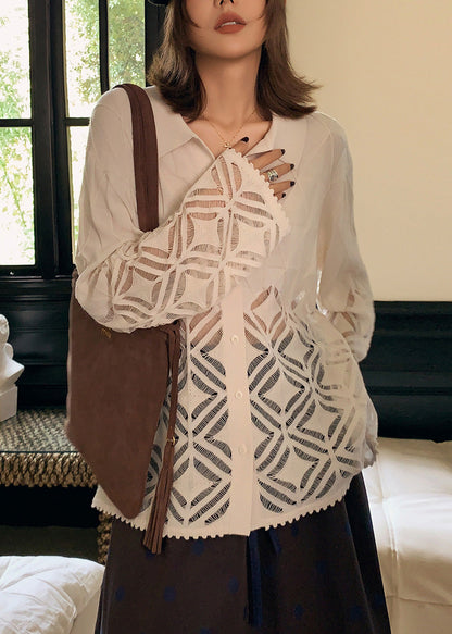 Fine White Peter Pan Collar Hollow Out Patchwork Woolen Blouse Top Spring