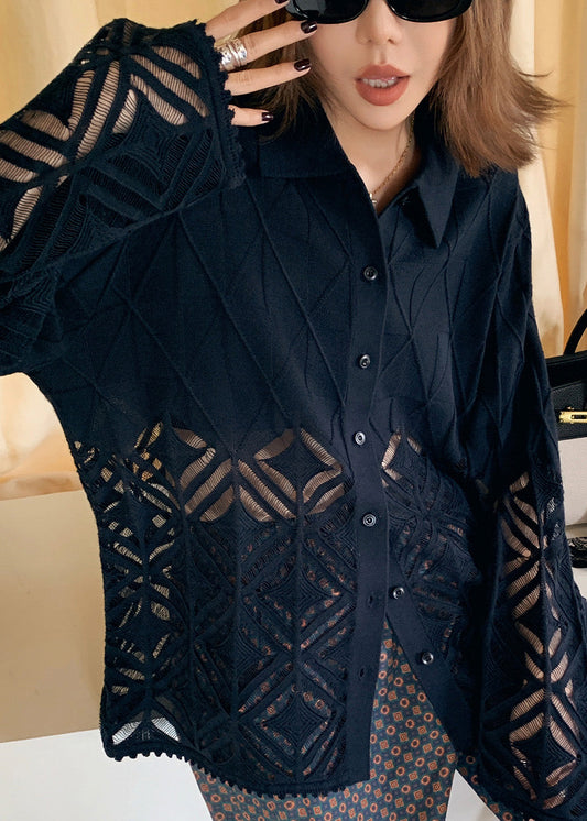 Fine White Peter Pan Collar Hollow Out Patchwork Woolen Blouse Top Spring