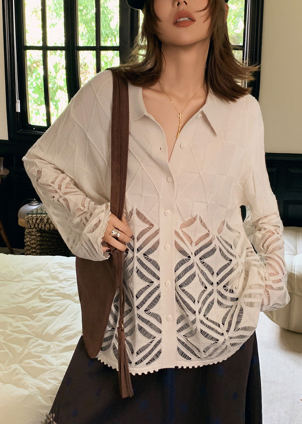 Fine White Peter Pan Collar Hollow Out Patchwork Woolen Blouse Top Spring