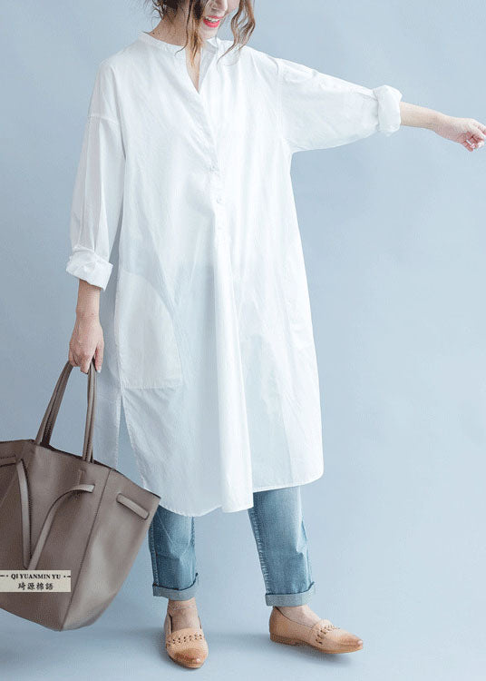 Feines Weißes Taschen Knopfseite offen Herbst Shirt Langarm