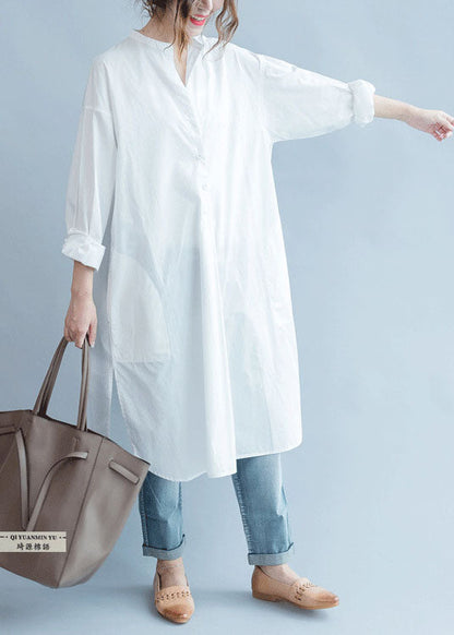 Feines Weißes Taschen Knopfseite offen Herbst Shirt Langarm