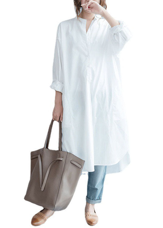 Feines Weißes Taschen Knopfseite offen Herbst Shirt Langarm