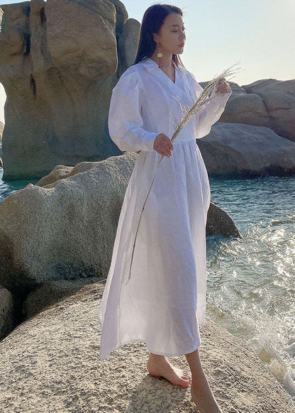 Fine White Puff Sleeve Pockets Cotton Dress Spring