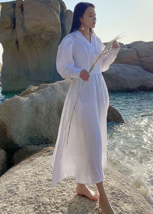 Fine White Puff Sleeve Pockets Cotton Dress Spring