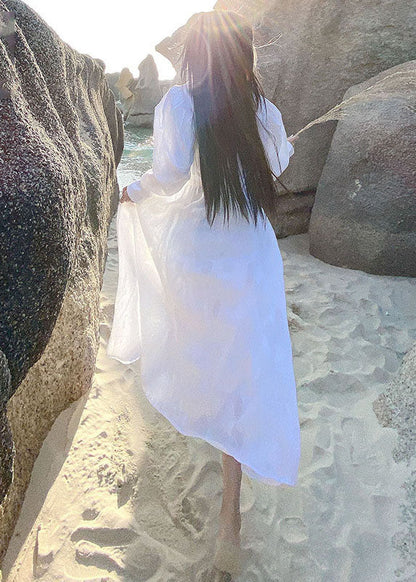 Fine White Puff Sleeve Pockets Cotton Dress Spring