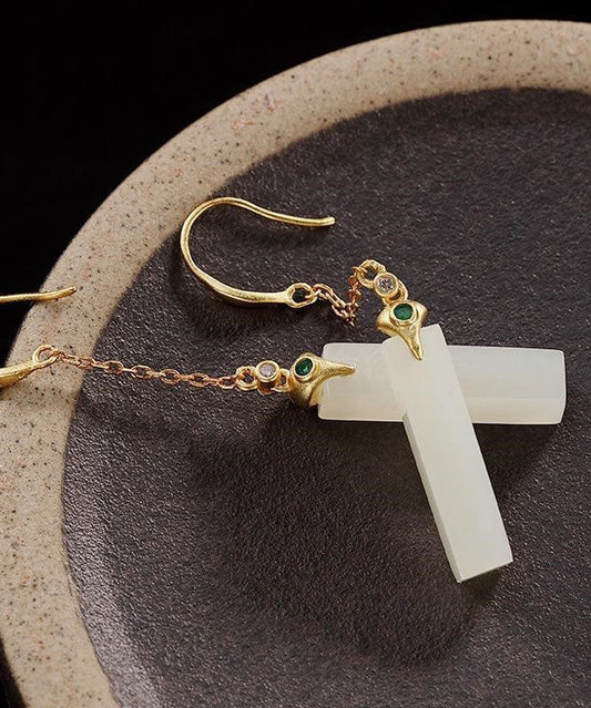 Fine White Sterling Silver Overgild Inlaid Jade Rectangular Drop Earrings