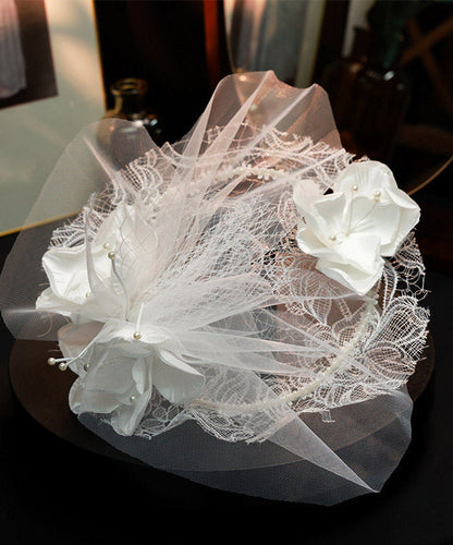 Fine White Tulle Patchwork Lace Pearl Floral HairPiece
