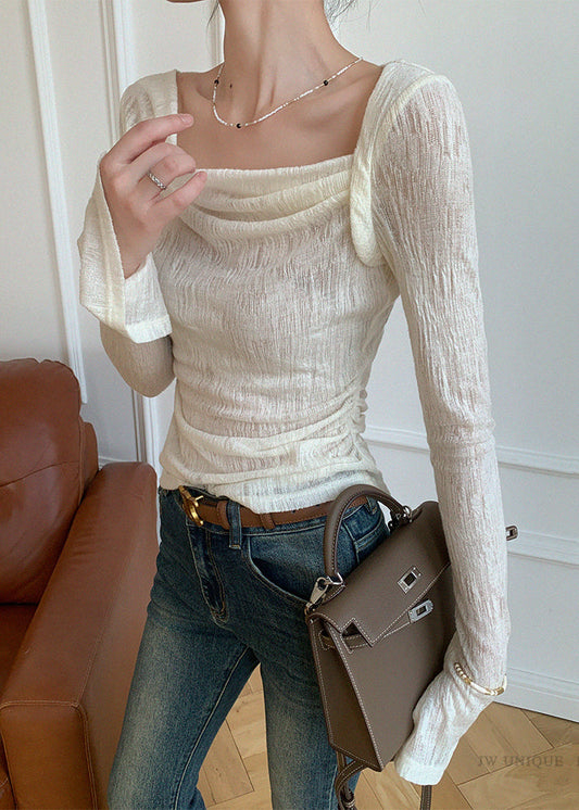 Fine White Turtle Neck Cotton Blouse Top Spring