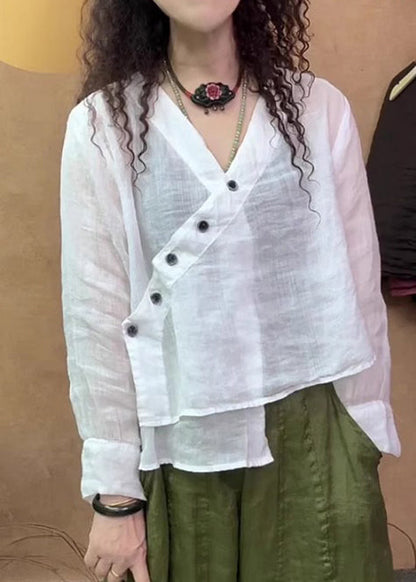 Feine weiße Leinenbluse mit asymmetrischem V-Ausschnitt, Frühlingskollektion