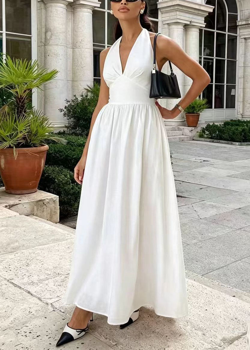 Fine White V Neck Halter Cotton Vacation Dresses Summer