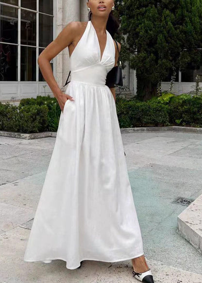 Fine White V Neck Halter Cotton Vacation Dresses Summer