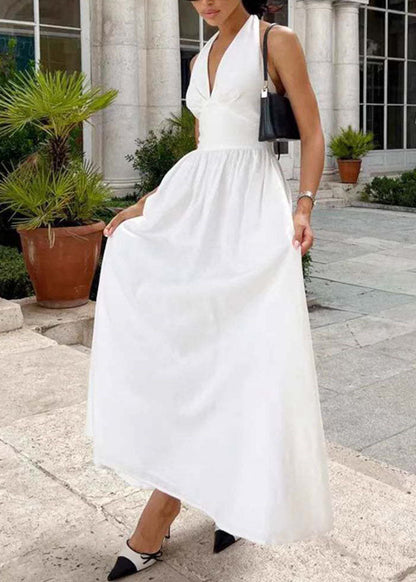 Fine White V Neck Halter Cotton Vacation Dresses Summer